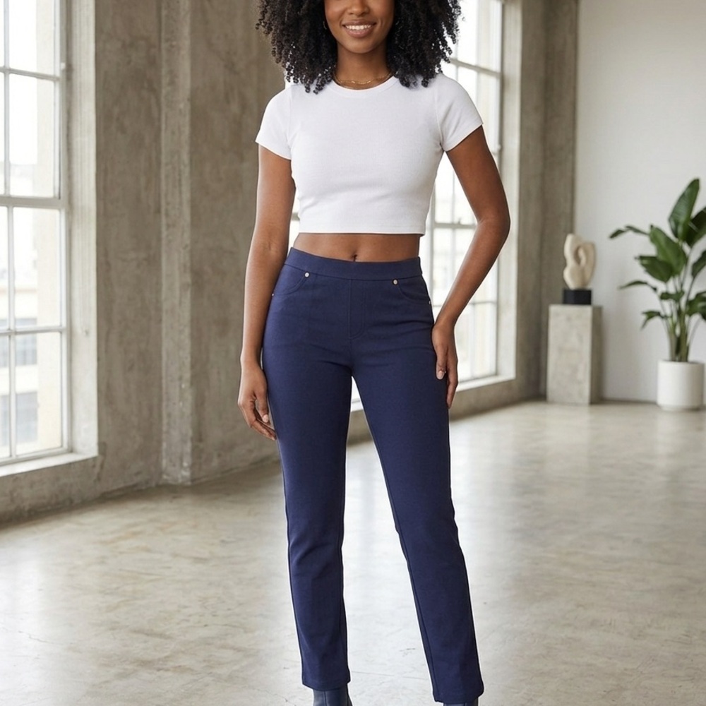 High-Rise Navy Slim Straight Pants